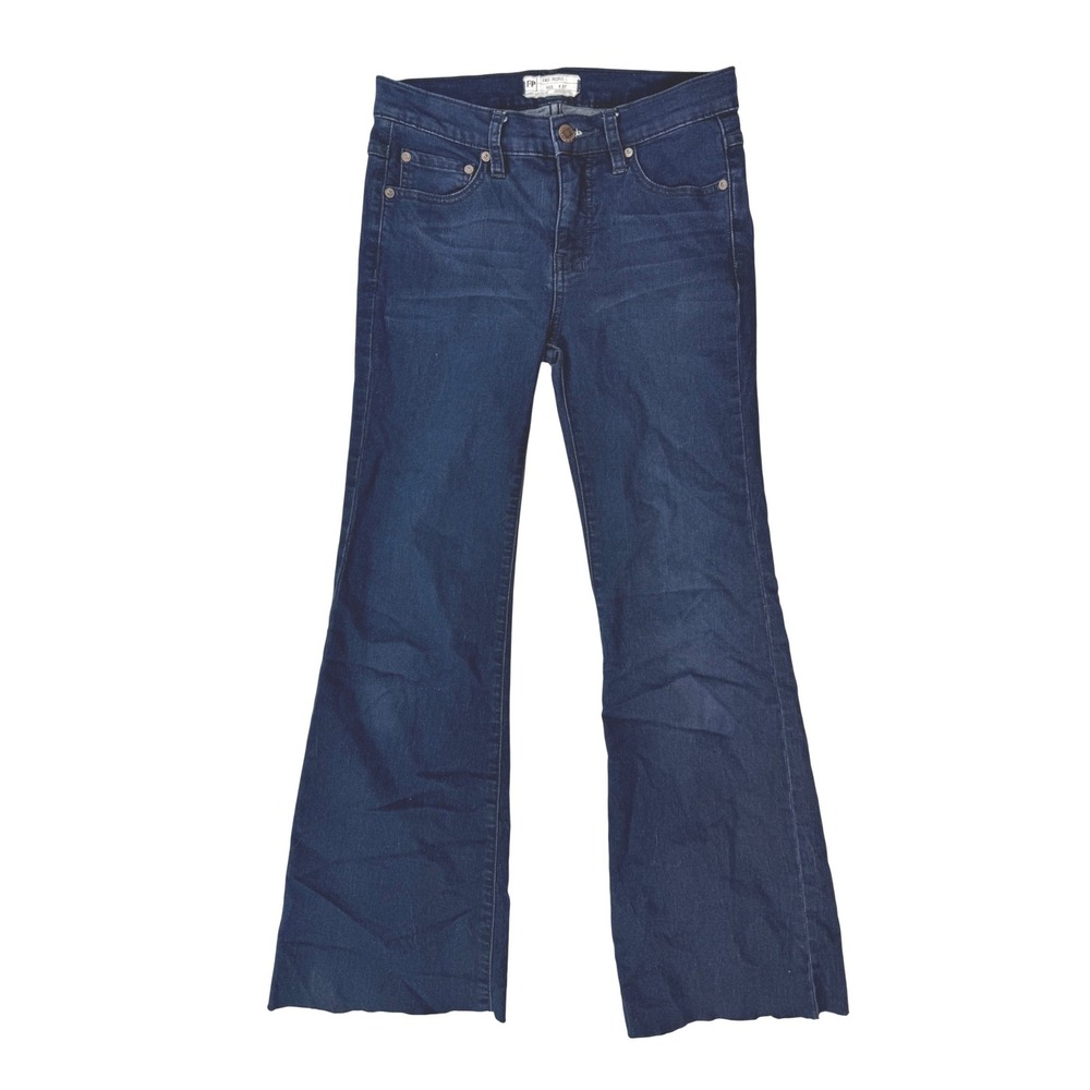 Free People Penny Flare Jeans Dark Wash Raw Hem‎ Denim Size 27 High Rise Boho